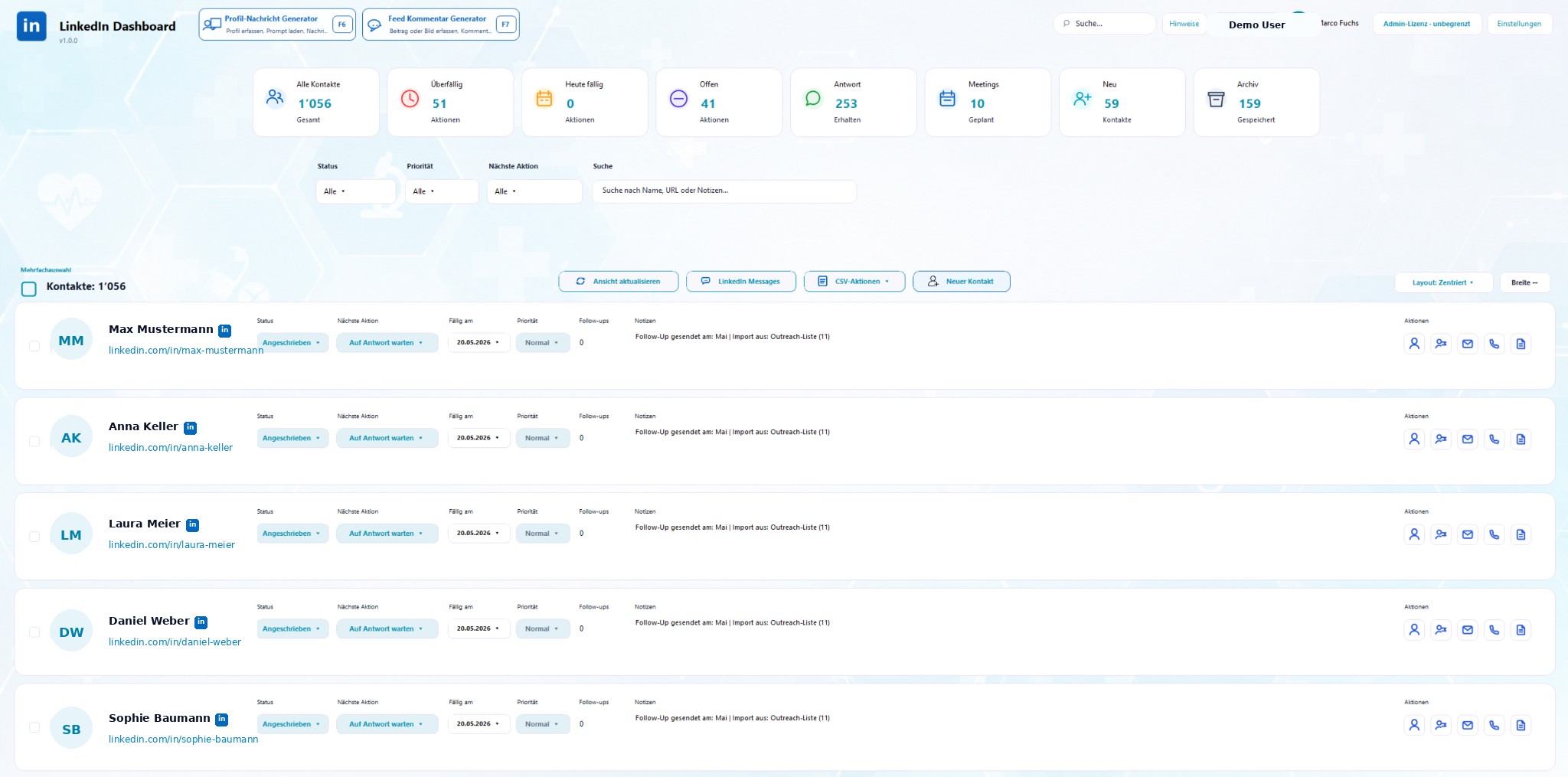 Helpinly Dashboard mit anonymisierten Kontakten